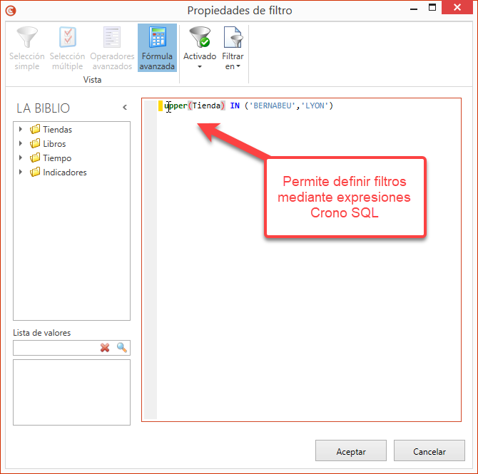 Filtro mediante fórmula